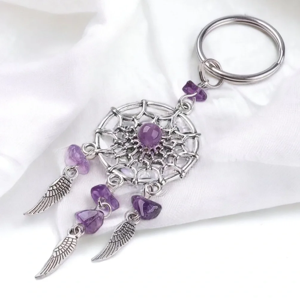 Dream Catcher Native American Keychain Silver Amethyst Purple